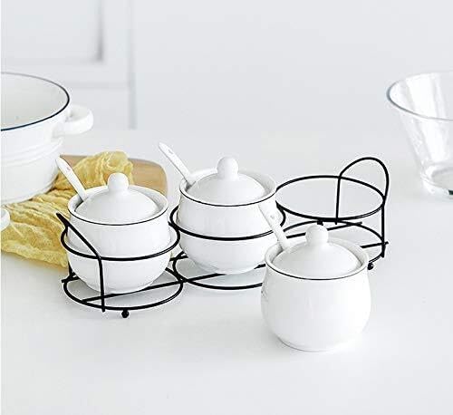 Kitchen Spice Pots Seasoning Ceramic Salt and Pepper Jar Set Cruet Seasoning Rack Holder with Spoon Condiment Sugar Spice Storage Box Cooking Tools