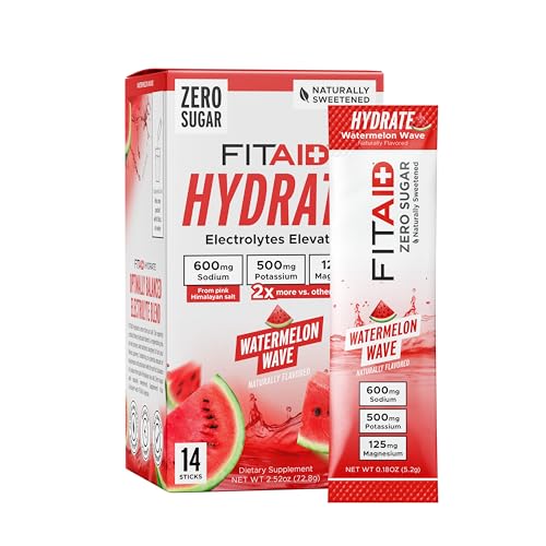 Image of FITAID Hydrate Clean Electrolyte Mix, Zero Sugar, Balanced Electrolyte Ratios: 600mg Sodium, 500mg Potassium, 125mg Magnesium, Watermelon Wave, for Exercise & Active Hydration, 14 Sticks