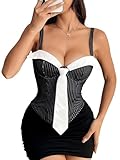 GIYKBX Women's Business Chic Tie Contrast Stripe Sexy Low-Cut Spaghetti Strap Bustier Going Out Corset Top, Black M