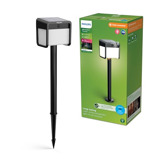 Philips Ezra Pedestal para exterior solar con sensor de movimiento UltraEficiente, 3000K, 250/25lm, Negro