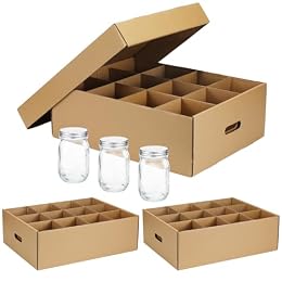 Menkxi 3 Pcs Mason Jar Storage Boxes 16 oz Regular or Wide Mouth Canning Boxes with Handles and Dividers 12 Cells Mason Jar Storage Organizer for Stacking (Natural Color)