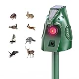 Ultrasonic Animal Repellent Outdoor, Solar Power Cat Rodent Raccoon Repeller, Squirrel Skunk Control Device with Motion Sensor and FIashing Light, Waterproof Rabbt Snake Deterrent for Outdoor