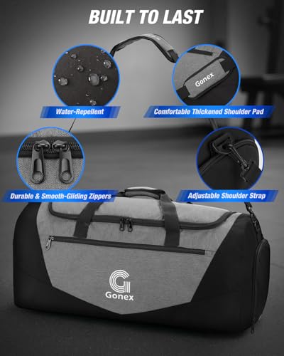 Image of Gonex Gym Duffel Bag 26 inch with Shoe Compartment Wet Pocket, Large Capacity Sports Duffle Bag for Men Women, Workout & Travel Bag with Multiple Pockets, Black /Gray, Medium (60L)