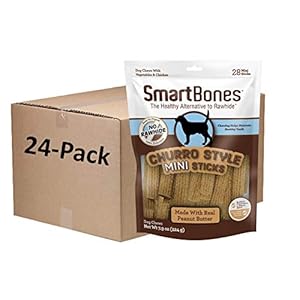 SmartBones Churro-Style Mini Sticks 28 Count, Made with Real Peanut Butter, Rawhide-Free Chews for Dogs, 7.90 Ounce (Pack of 24) SmartBones Churro Style Mini Sticks 28 Count Made with Real Peanut Butter Rawhide Free Chews for Dogs 790 Ounce Pack of 24