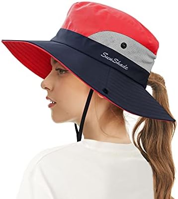 ECOMBOS Womens Sun Hats Wide Brim UV Protection Mesh Foldable Ponytail Bucket Fishing Hat Beach Cap for Fishing Hiking Gardening Outdoor