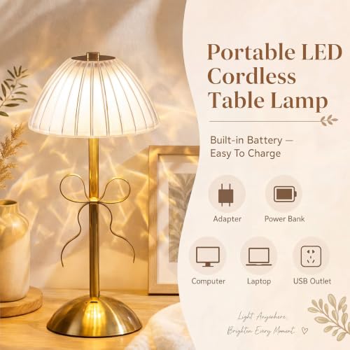 Image of Liliful 2 Pcs Cordless Table Lamp Rechargeable Touch LED Small Gold Portable Battery Operated USB-c Desk Lamp 3 Color Dimmable for Bedroom Living Room Dining (Gold,Mushroom Style Bow)