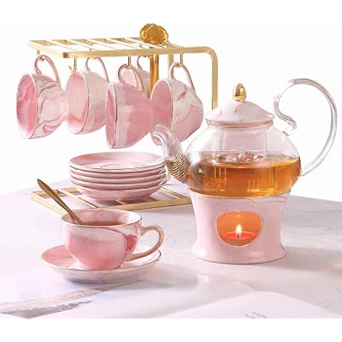 DUJUST Kleiner Tee-Set für Frauen, Marmor-Textur und Goldene Zierleiste, Rosa Porzellan-Tee-Party-Set für Mädchen Cover