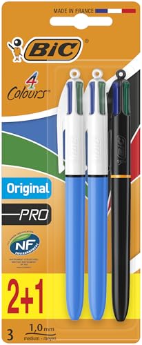 Image of BIC 4 Colours Original & Pro Multicoloured Retractable Ballpoint Pens - Pack of 3 - Medium Point - Black, Blue, Green & Red Ink