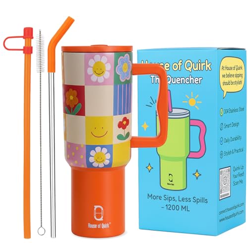 Image of House of Quirk 1200ML Stainless Steel Tumbler with Handle & Lid, 2 Straws - Large Travel Mug Water Cup for Gym, Office & Outdoor Use (Sunpop)