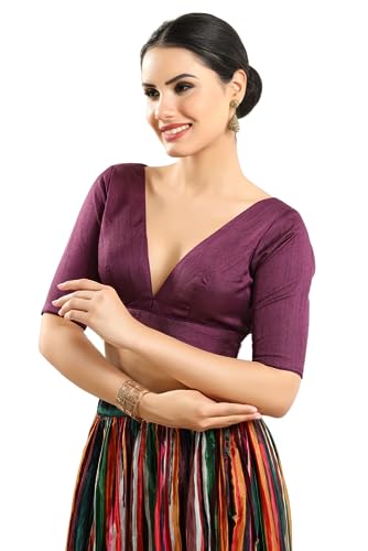 Image of Vamas Women's Silk Padded Self Design Half Sleeve Readymade Saree Blouse (X-1111.ELB)
