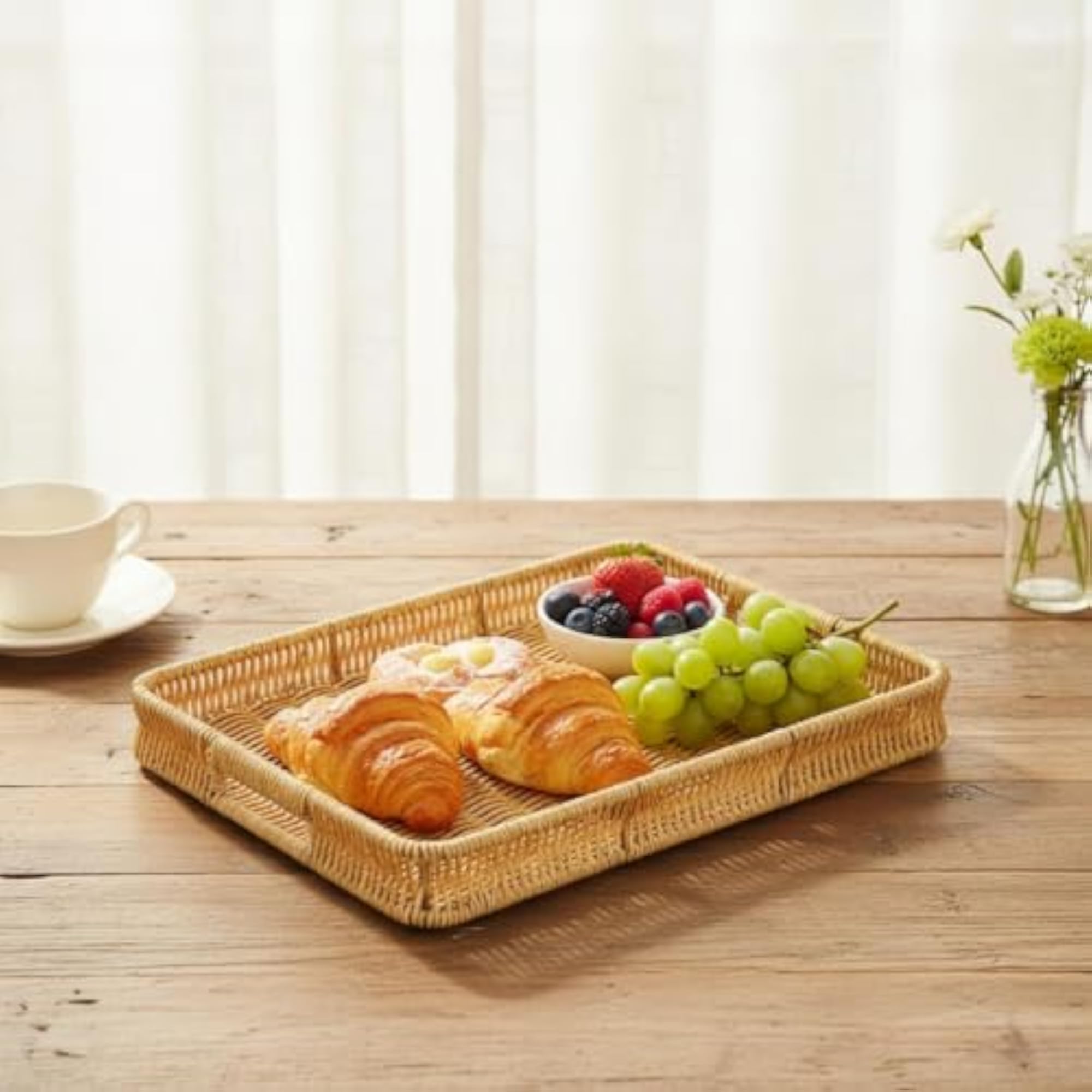 Rectangular Wicker Serving Basket with Handles, Shallow Woven Tray