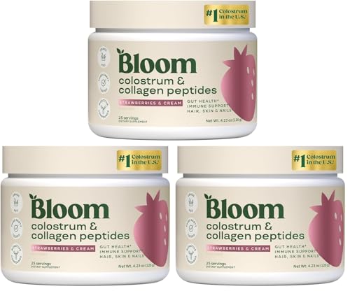 Bloom Nutrition Bovine Colostrum Powder, Strawberries & Cream, 3 Pack