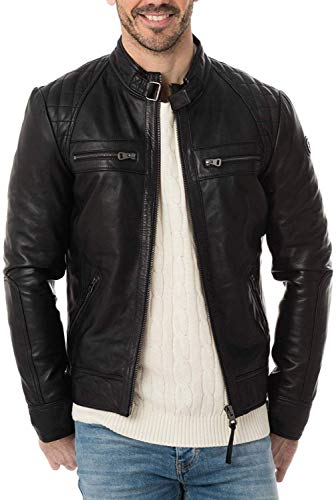 Image of 100% Leather Jacket for Men - Round Collar Slim Fit - Moto, Bomber, Biker Winter Casual Wear