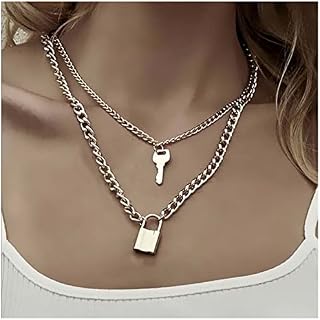 Yheakne Punk Lock Key Pendant Necklace Gold Padlock Choker Necklace Layered Love Lock Necklace Vintage Curb Chain Necklace Jewelry for Women and Girls Couple Gifts (Gold)