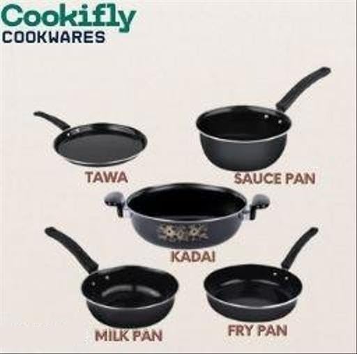 Image of Induction Base Non Stick Cast Iron Cookware Set of 5 Piece Kadai Tawa Frypan Saucepan Tadka Pan Kitchen Set Black Free Size