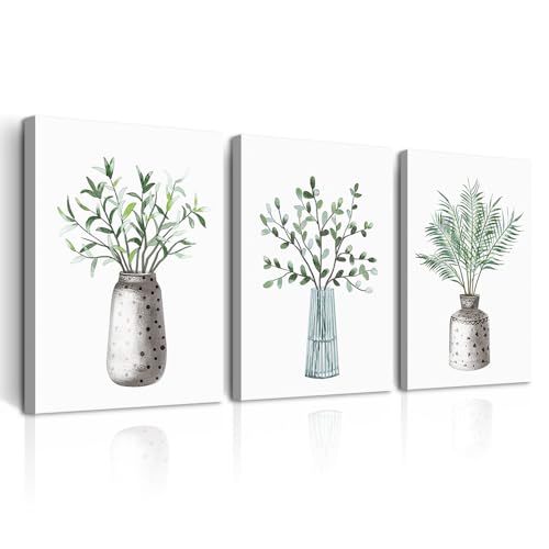 DZRWUBHS Canvas Wall Art For Dining Room Kitchen Wall Decor For Bedroom Office Decor Paintings Family Living Room Wall Decoration Green Leaf Vase Wall Pictures Artwork Room Home Walls Decor 3 Piece