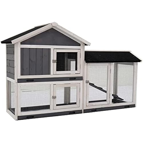 CUAUC-Rabbit Hutch, Indoor Bunny Cage, Outdoor Rabbit Cages with Run, Pet House with Deeper No Leak Tray, UV Panel, Removable Bottom Wire Mesh for Small Animals