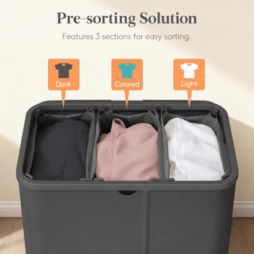 Image of Lifewit 165L 3 Section Laundry Hamper with Lid, Large Laundry Basket with Handles and Removable Bags, Tall Clothes Hamper, Foldable Laundry Sorter for Bedroom Bathroom, Dark Gray