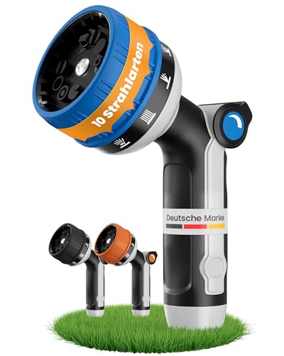 rainfactory Gartenbrause - Gartenspritze aus Metall mit 10 Sprühmustern - Schlauchbrause mit Hochdruck & Daumensteuerung - Gartenschlauch Düse mit Messing Adapter, Multifunktions- und Blumenbrause