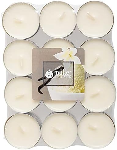 Müller Tealights Lot de 24 bougies parfumées – Parfum vanille – 39 × 15 mm – Durée 4 heures – Bougies en cire ivoire, récipient en aluminium...