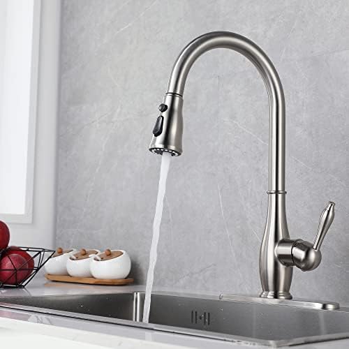 Zaucet Brushed Nickel Modern Kitchen Faucet with Pull Down Sprayer, Kitchen Sink Faucet with Single Handle for 1 or 3 Holes Sink, 3 Modes Stainless Steel Faucet for Kitchen Sink (Brushed Nickel-V47)