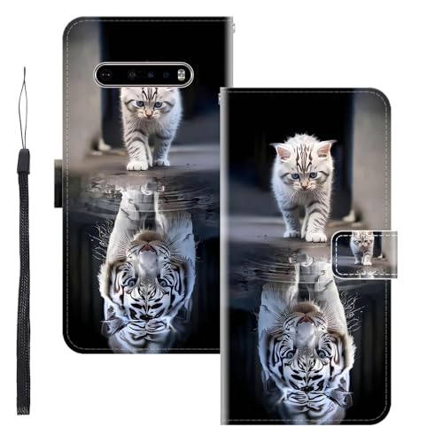 WUACYEAMING für LG V60 ThinQ 5G/V60 ThinQ Hülle Premium PU Leder Flip Klappbare Stoßfeste Magnetische Schutzhülle Tasche mit Kartenfach Geld Slot Ständer Tiger-Katze