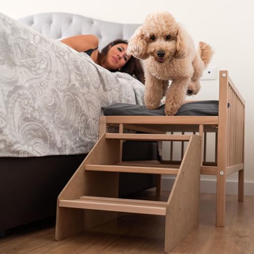 Letto per Cane, Gatto, Animale Domestico. Elevato in Legno con Scala per Accedere. con Materasso in Schiuma Impermeabile + Fodera. Letto a Due Piazze con il Tuo Animale Domestico. 2 Altezze. Faunatic