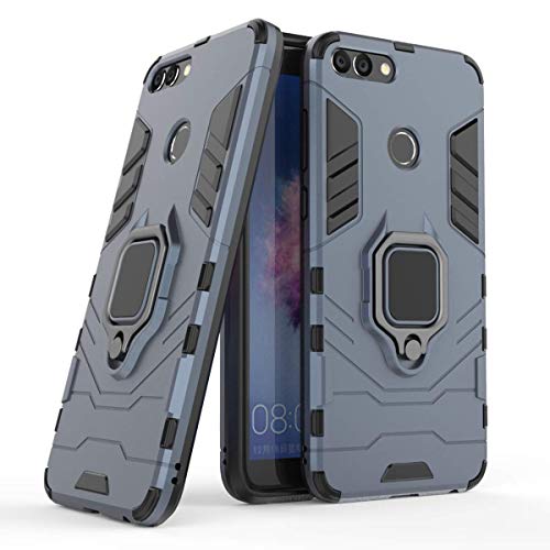 Compatible con Huawei P Smart Funda, Anillo Metálico Sujeción Soporte Antichoque Caja (Funciona con el Montaje de Coche Magnético) Doble Capa Case Carcasa para Huawei P Smart, Enjoy 7S (Azul Marino)