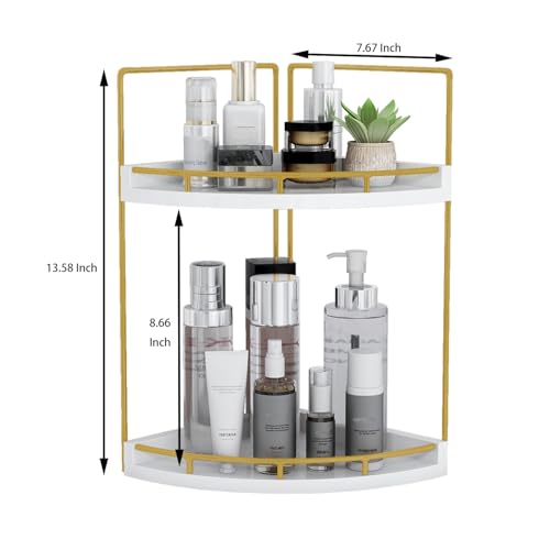 Image of Dorhors 2-Tier Bathroom Counter Organizer,Vanity Counter Corner Shelf, Skincare, Wood Countertop Bathroom Storage and Organization for Kitchen (Gold)
