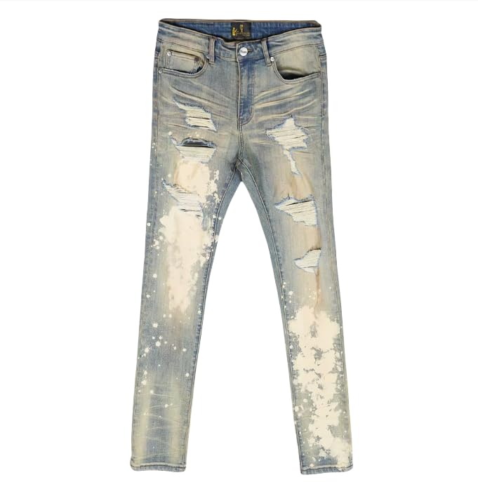 Men's Slim-fit Mid-Rise Men's Jeans with Ink-Stained, Distressed and Frayed Hems - Casual and Retro Men's Jeans