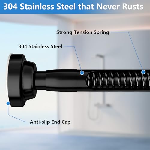Image of Umimile Shower Curtain Rod, 1 Inch Diameter Adjustable Spring Tension Curtain Rod, 304 Stainless Steel Shower Rod for Bathroom, Windows, Never Rust Non-Slip (Black, 36-61 inch)