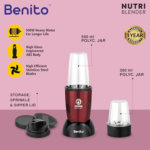 Image of Benito FUSION Bullet 500W Nutri Mix Grinder with 2 Jars | Compact ABS Body with Premium Motor | All-in-One Mixer for Smoothies, Spice, Juices & More | Red | 1 Years Warranty