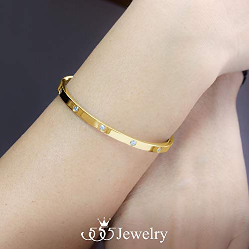 555Jewelry Womens Classic High Polish Stainless Steel Sparkling Cubic Zirconia Cz Hypoallergenic Fine Fashion Girls Jewelry Accessory Hinge Lock Love Cuff Bangle Bracelet, Yellow Gold #TOP1