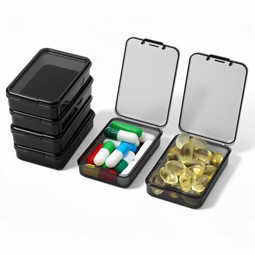 6 PCS Small Pill Box, Tiny Pill Case,Mini Clear Plastic Storage Containers Cute Travel Pill Organizer Case Portable for Pocket Purse Briefcase (Black)