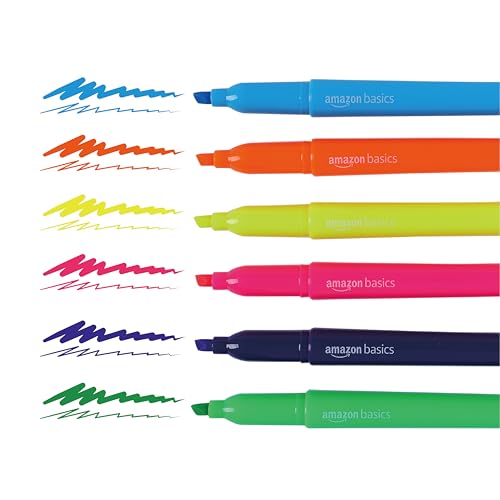 Image of Amazon Basics Chisel Tip Highlighters, Fluorescent Ink, Vibrant Assorted Colors, School Supplies, 12-Pack
