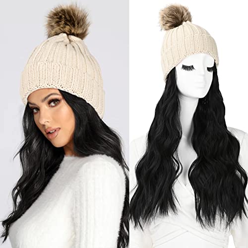 LONAI Beanie Hat Wig,Knit Hat with Hair for Women, Beige Knit Hat Wig with 18" Black Long Wavy Hair Extension for Winter, Beige Beanie Hat with Faus Fur Pom Hat Attached for Gril Daily Wear