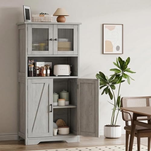 GarveeMore Alacena de Cocina con Puertas de Cristal y Estantes Ajustables, Mueble Auxiliar De Cocina Multifuncional para baño, Moderno en Madera Robusta, 60 * 30 * 128cm, Gris