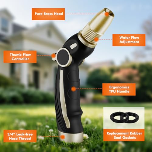 Image of RESTMO Garden Hose Nozzle, Heavy Duty Water Hose Sprayer Nozzle, Black | Brass Head, Thumb Control, Adjustable 4 Spray Patterns, Leak-proof, Metal Hose Nozzle for Outdoor Lawn & Plant & Car