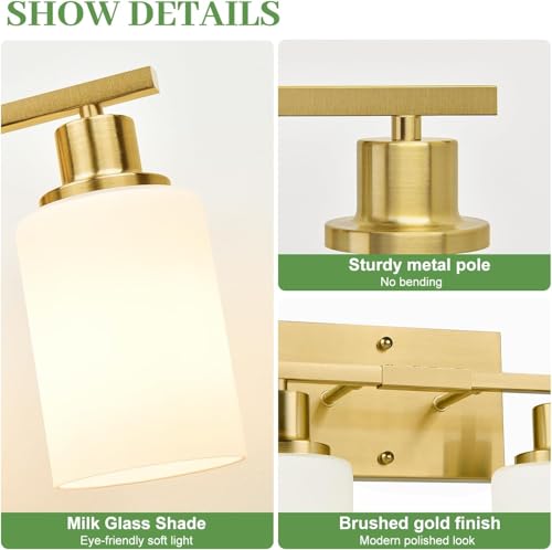 Image of MOKATNG 4-Light Bathroom Light Fixtures, Brushed Gold Vanity Light with Milky White Shades, Bathroom Lighting Fixtures Over Mirror, Modern Bathroom Wall Lamp for Mirror Living Room Cabinet Bedroom