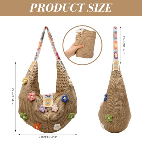 Image of PALAY Tote Bag for Woman Crochet Mesh Beach Shoulder Bags with Flower Brooch Summer Vacation Knitted Bag for Women Shoulder