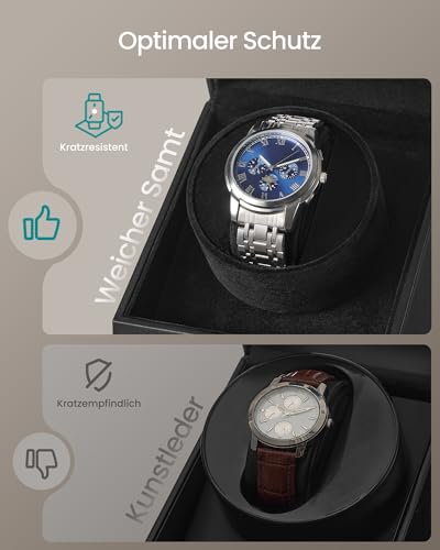 SONGMICS Uhrenbeweger, Automatik Uhrenbeweger 1 Uhr, Uhrenbox, Premium-Motor, mit LED-Licht, verstellbarem Uhrenkissen, Schloss, 4 Rotationsmodi, USB-C-Ladekabel, schwarz JWB030B01