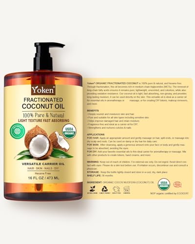 Yoken USDA Certified Fractionated Coconut Oil for Skin 16 Oz, Organic Liquid Coconut Oil, Moisturizer for Hair, Face, Body, Carrier Oil for Essential Oils Mixing, Massage, Hexane Free, Unscented