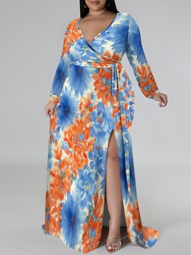 Image of PinkPatty Women's Plus Size Long Sleeve Maxi Dress Casual V Neck Slit Tie Waist Wrap Dresses for Party Cocktail