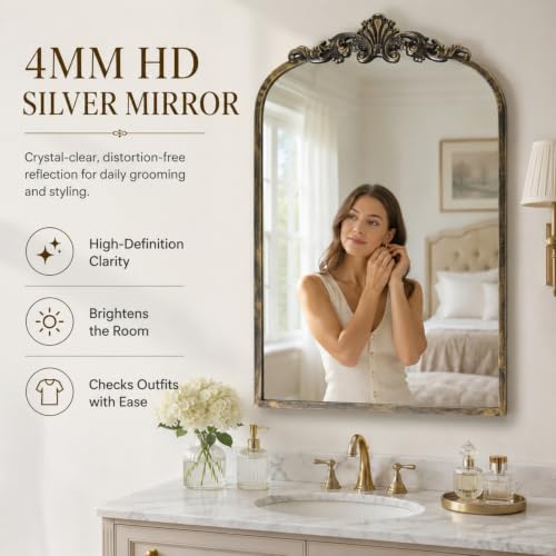Image of Arched Wall Mirror, 21x31 inch Baroque Traditional Design, Antique Bronze