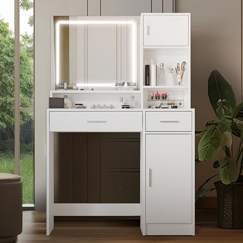 MIRROTOWEL Vanity Desk with Mirror and LED Light Strip,Dressing Table with Large Drawer, 3 Level Storage Dresser & 3 Lighting Modes Adjustable Brightness, Suitable for Bedroom