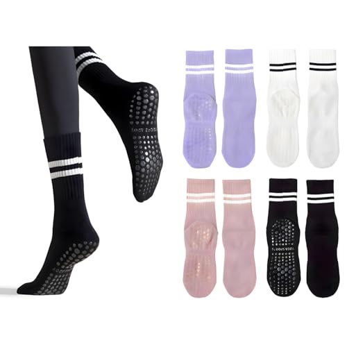 NVOXELIS Calcetines de yoga para mujer, calcetines de pilates, con agarre, para ballet, fitness, deportes, 4 pares, calcetines de algodón antideslizantes, Morado, rosa, blanco, negro, 5.5-9.5