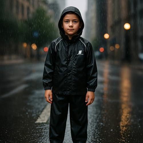 Image of Amazon Brand - Symactive Reversible Double Layered Standard Length Hooded Raincoat with Pants for Kids (Unisex) | Waterproof | Elastic Cuffs | Age 11-13 Years | Black