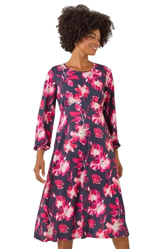Roman Women Gathered Chest Dress Ladies Stretchy Fit & Flare Swing Tea A Line Skater Knee Length Long Sleeve Midi Smart Casual Work Going Out Cocktail Party - Pink Floral - Size 16