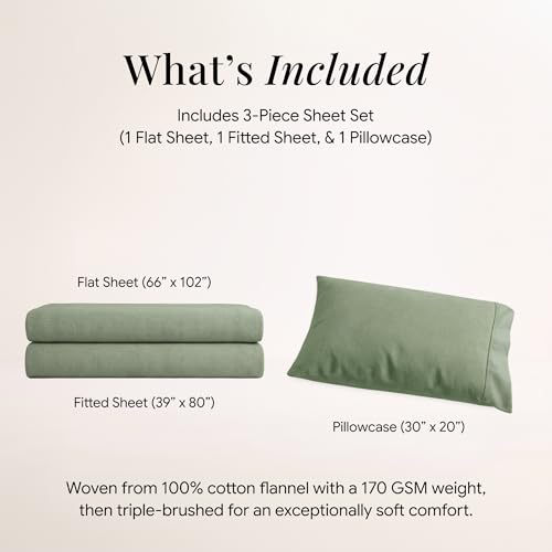 Image of Tribeca Living Triple Brushed Soft Cotton Flannel Sheets Set, Twin XL Size 170-GSM Weight Extra Deep Pocket Sheet in Solid Green Color