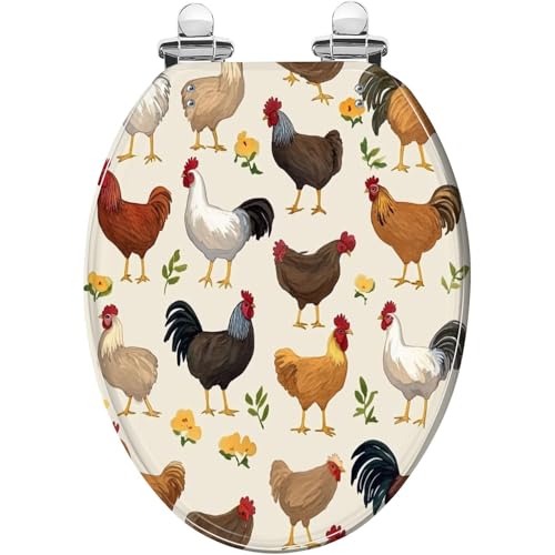 Elongated Toilet Seat Pattern farm animals Pig rooster goose horse cow lamb sheep hen chick Resin Toilet Seat Quietly Close Quick Release Hinges Decorative Toilet Seat with Cover Easy to Install